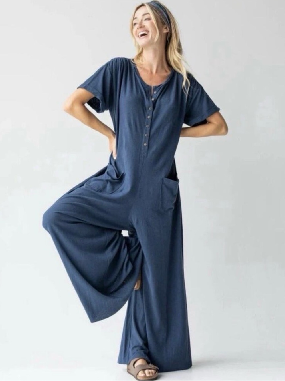 Natural Life NEW The Jenna Cotton Wide Leg Jumpsuit in Washed Navy Blue, Sz L/XL